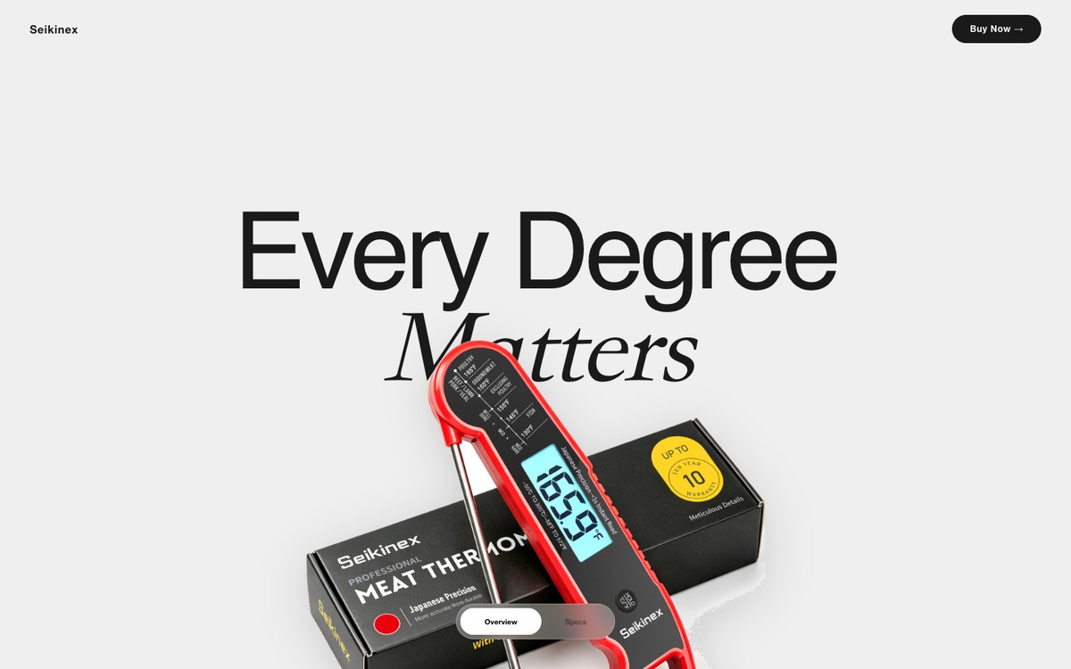 演示站首页:大标题 Every Degree Matters 和一支红色的肉类温度计